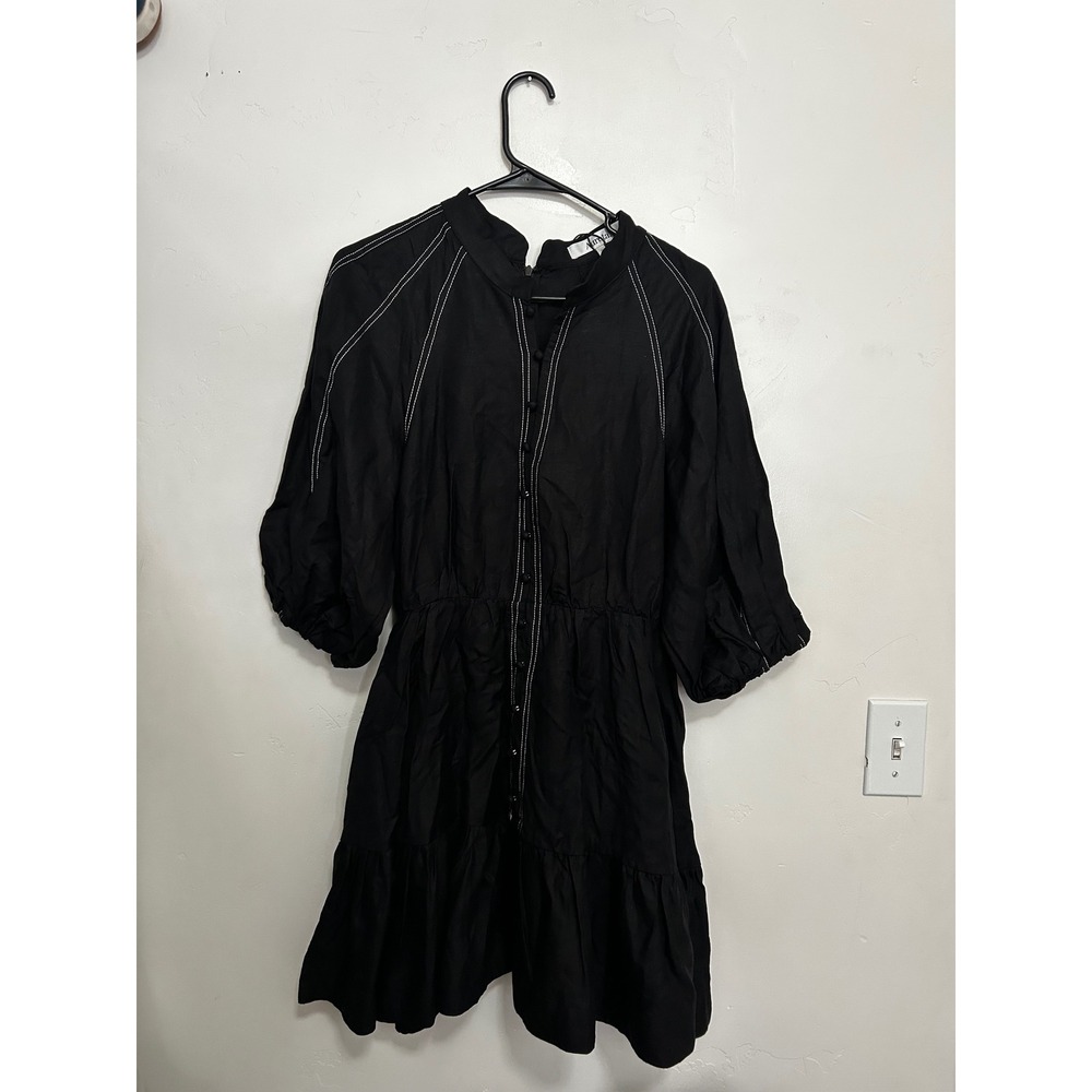 Aureta Black Linen Blend Contrast Stitch Puff Sleeve Mock Neck Mini Dress Size S